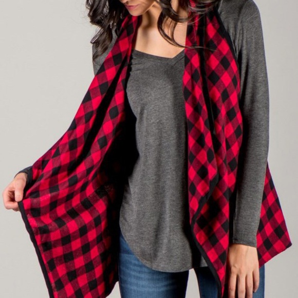 Red & Black Buffalo Plaid Asymmetric Open Vest - Picture 2 of 16